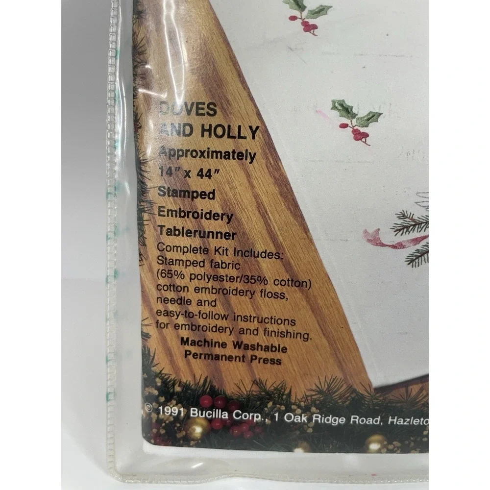 Bucilla Doves & Holly Table Runner Stamped Embroidery Christmas 82982 Unfinished